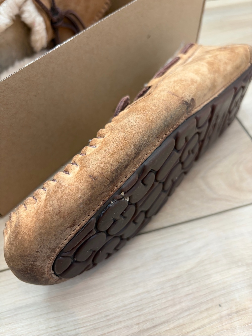 UGG Chestnut Suede Moccasin Slippers with Shearling Trim - Picture 9 of 12